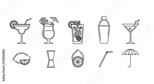 Collection of simple line art icons representing beach cocktails and bar accessories, perfect for infographics, articles, books, flyers, and banners, rendered as editable stroke vector cartoon