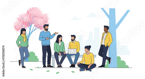 Group of diverse individuals collaborating outdoors, sharing ideas and thoughts in a park setting