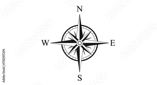 A striking black and white vector illustration of a compass rose, featuring cardinal directions North, South, East, and West, set against a clean white background. This versatile icon is perfect for