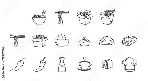 A collection of minimalistic line icons representing various Asian food items, including noodles in a bowl, takeout boxes, dumplings, sushi rolls, chili peppers, and a chef's hat, perfect for web