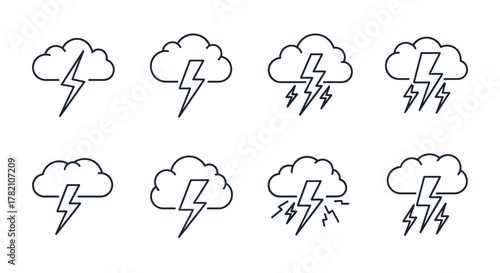 Set of eight outline icons depicting lightning strikes emanating from clouds, presented on a clean white background, ideal for graphic design, web development, app interfaces, advertising materials