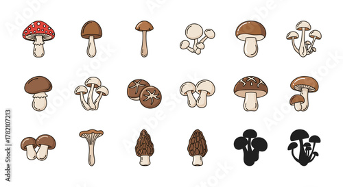 Collection of diverse mushroom icons, featuring edible and decorative varieties like shiitake, morel, and fly agaric, presented in a charming cartoon style with editable strokes, ideal for UI