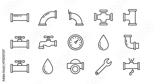 Collection of thin line icons representing plumbing and water supply elements, including pipes, joints, valves, faucets, a pressure gauge, water drops, and a wrench, all on a clean white background