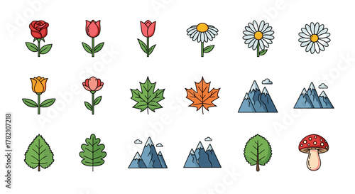 Vibrant Nature and Parks Icon Collection: A delightful set of vector cartoon illustrations featuring various flowers like roses and tulips, autumn and spring leaves, majestic mountains with clouds