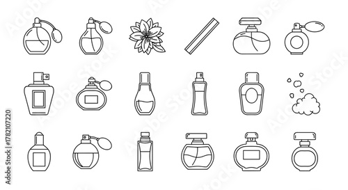 A collection of minimalistic line icons representing various perfume bottles and related elements, perfect for web and graphic design, apps, banners, social networks, and cards. This vector