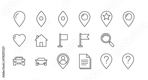 Set of minimalistic linear map pin icons, including location markers, star, house, heart, flags, magnifying glass, car, user profile, document, and question marks, perfect for web, graphic design