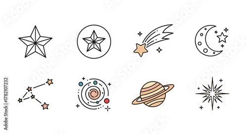 Collection of eight celestial and space-themed vector illustrations, featuring a star, a star within a circle, a shooting star, a crescent moon with stars, a constellation, a galaxy, a ringed planet
