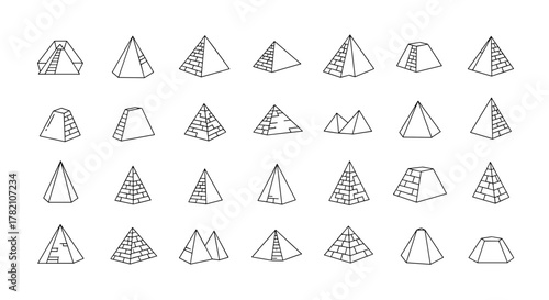 Collection of simple linear illustrations of various pyramid shapes, including Egyptian pyramids and geometric forms, drawn with thin lines on a white background. Perfect for stores, shops, banners