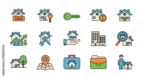 Set of real estate icons in a cartoon style, featuring houses, keys, money, charts, tools, and people, perfect for property listings, agencies, and investment platforms, presented on a clean white