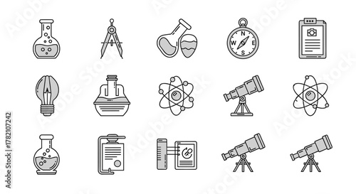Modern science line icon pack featuring laboratory equipment, a light bulb, compass, atom model, and telescope, perfect for design, websites, apps, and cards, offering a clean and linear visual