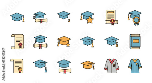 Collection of minimalistic linear pictograms representing academic achievements and graduation, featuring graduation caps, diplomas, academic gowns, and a book, all in vivid, filled color outline