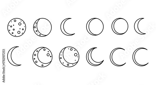 Collection of simple, isolated line icons representing the phases of the moon, including a full moon with craters and various crescent shapes, suitable for web, books, cards, and apps, presented as a