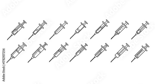 Collection of twelve thin line art syringe icons, isolated on a white background, perfect for web, books, cards, and apps, presented as a clean, ordered set of cartoon illustrations, emphasizing