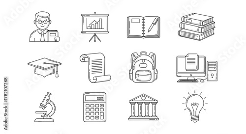 University-related outline icon set featuring a professor holding books, a presentation board with charts, an open notebook with a pen, a stack of books, a graduation cap, a scroll, a backpack, a