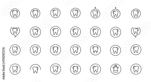 A collection of minimalistic, line-art icons featuring teeth within circles, representing dental care, oral hygiene, and dentistry. These versatile vector graphics are perfect for web design, app