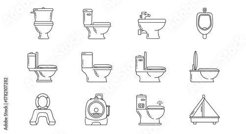 Collection of simple linear outline illustrations of various toilet types and bathroom fixtures, including bidets and urinals, presented on a clean white background, perfect for web, print, and app