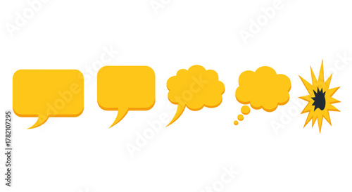 Collection of five yellow speech and thought bubbles, and an explosion graphic, presented in a clean, flat vector style on a white background, ideal for graphic design elements and communication