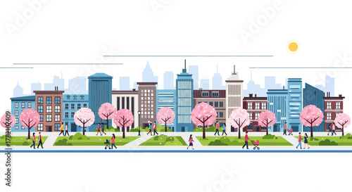 A vibrant city park in full springtime bloom, with people strolling along a path against a modern urban skyline