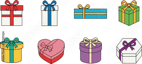 Colorful collection of various gift boxes with decorative ribbons and bows Vector