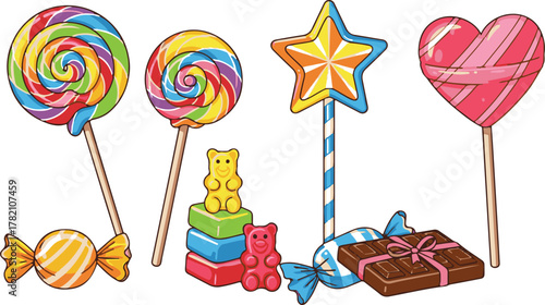 Sweet collection of colorful lollipops, gummy bears, chocolate, and candies Vector