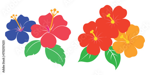 Vibrant tropical hibiscus flower clusters in bright red yellow and blue with green leaves on a white background