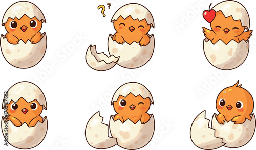 Cute cartoon baby chicks hatching from eggs, adorable yellow birds, Easter illustration, spring newborn animal vector art design