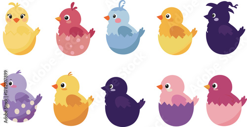 Cute baby chicks hatching from colorful eggs, adorable cartoon birds, spring and Easter illustration, nursery animal vector design concept