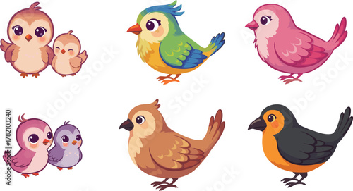 Colorful cute cartoon birds collection, adorable baby and parent birds, vibrant vector illustration, spring animal design, nature wildlife character art