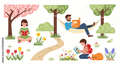 Vector illustration of a family enjoying reading books outdoors in a beautiful blooming spring park with flowers and trees