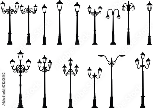 Collection of decorative vintage street lamp silhouettes, classic lamppost and lantern designs for architecture, urban lighting, retro outdoor illumination, and city decor