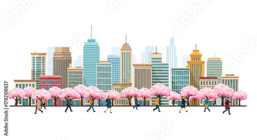 Vibrant Cityscape Illustration with People Strolling Under Blooming Cherry Trees