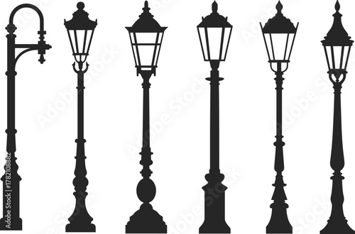 Set of vintage street lamp silhouettes, ornate retro lampposts collection, classic iron streetlights design for urban architecture, night lighting decoration elements