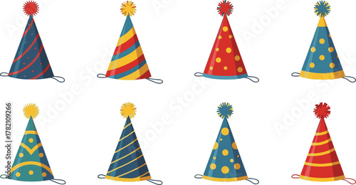 Vibrant collection of festive conical party hats with diverse patterns. Vector