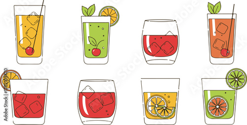 Set of eight colorful cocktail and alcoholic beverage illustrations on white Vector