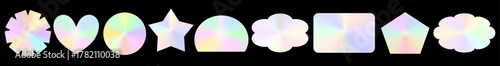 Iridescent hologram sticker set with shiny foil label accents. Each sticker glows with rainbow color and metallic label shimmer.