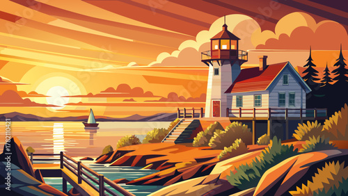 Very beautiful view of Marshall Point Lighthouse on the Maine coast at sunset, featuring warm golden light, rugged shoreline, calm ocean waters, and a realistic scenic New England landscape.