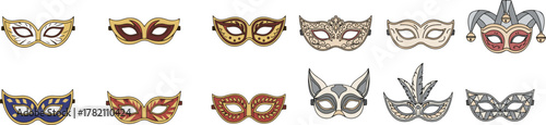 Diverse collection of elegant venetian carnival masks, intricate details on white Vector