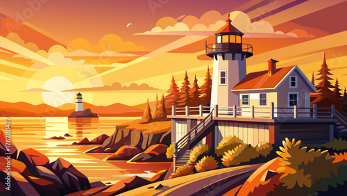 Very beautiful view of Marshall Point Lighthouse on the Maine coast at sunset, featuring warm golden light, rugged shoreline, calm ocean waters, and a realistic scenic New England landscape.
