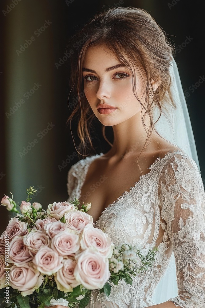 Naklejka premium Young bride in delicate lace wedding dress holding bouquet of pale pink roses with soft natural light highlighting serene and thoughtful expression