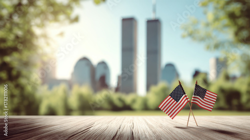 Patriot Day remembrance with an American flag and New York city skyline. somber memorial for twin tower at peaceful sunset