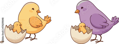 Cute baby chicks hatching from eggs with parent birds, spring wildlife illustration, adorable animal family, Easter and nature concept art