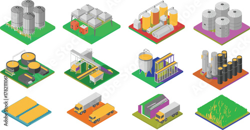 Isometric grain storage facility with silos, corn processing plant, grain elevator, transportation trucks, and harvested corn field for agriculture industry illustration