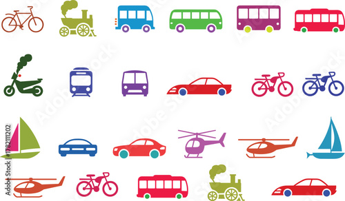 transportation icon set, black silhouette vehicle collection, car bus train bike symbols, minimalist transport pictogram, travel transport icons illustration