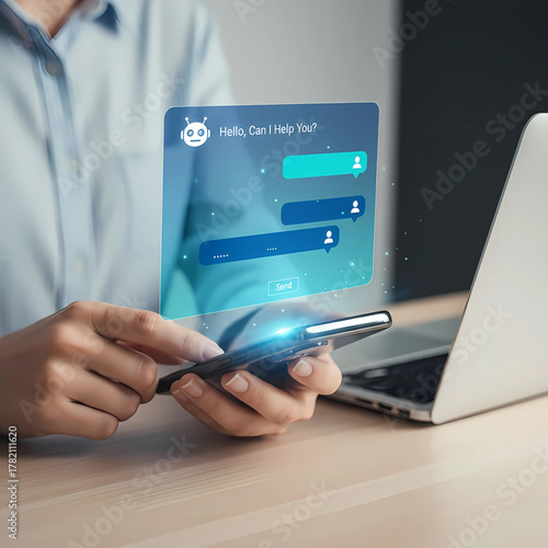 Individual Using a Smartphone to Interact with a Holographic AI Chatbot Interface