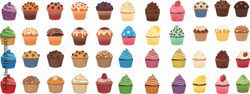 Delicious colorful cupcakes, variety of toppings, frosting, sweet treats Vector