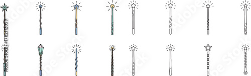 Minimalist magic wands vector icon set, fairy tales, wizardry, spellcasting. Vector