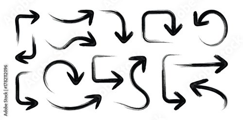 Collection of hand drawn black arrows in various directions on a white background. Hand drawn vector direction pointers. Vector illustration.