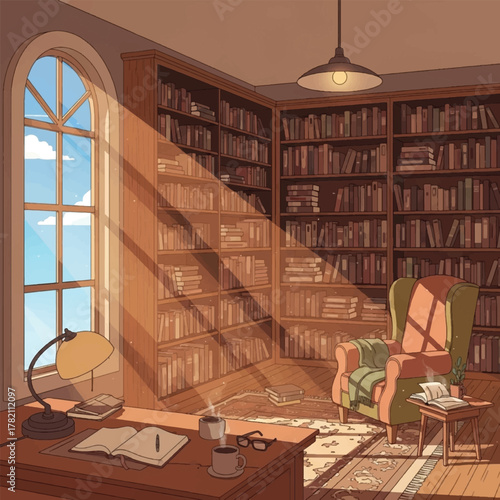 A warm and inviting study room with bookshelves, a desk, and an armchair, bathed in sunlight streaming through a large window.