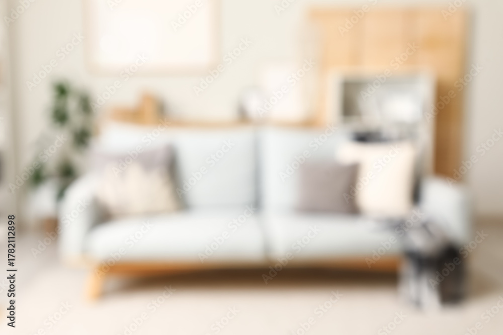 Obraz premium Modern interior of living room with stylish sofa, blurred view