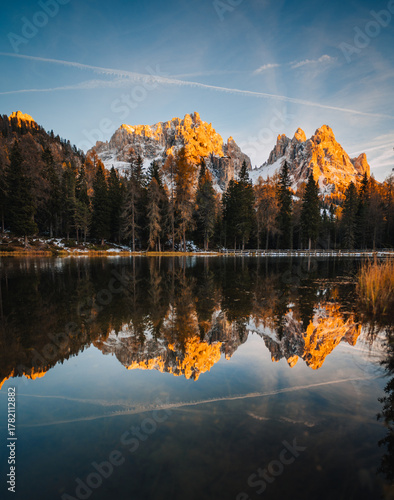 Cadini di Misurina at sunset during autumn. Dolomites. Veneto, Italy.